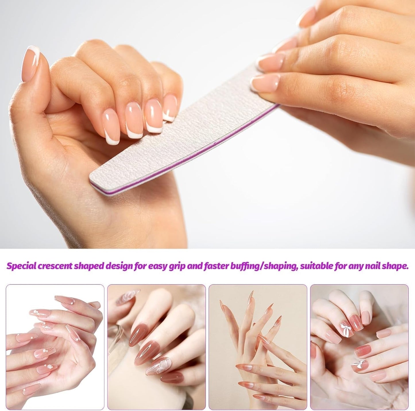 50 Stück Nagelfeile 100/180, Halbmond Nagelfeilen Für Gelnägel, Double Nagelfeilen Set, Lime à Ongles, Grit Jetable Lime à Ongles pour Nagelstudios DIY Nail Art Zuhause, Blanc
