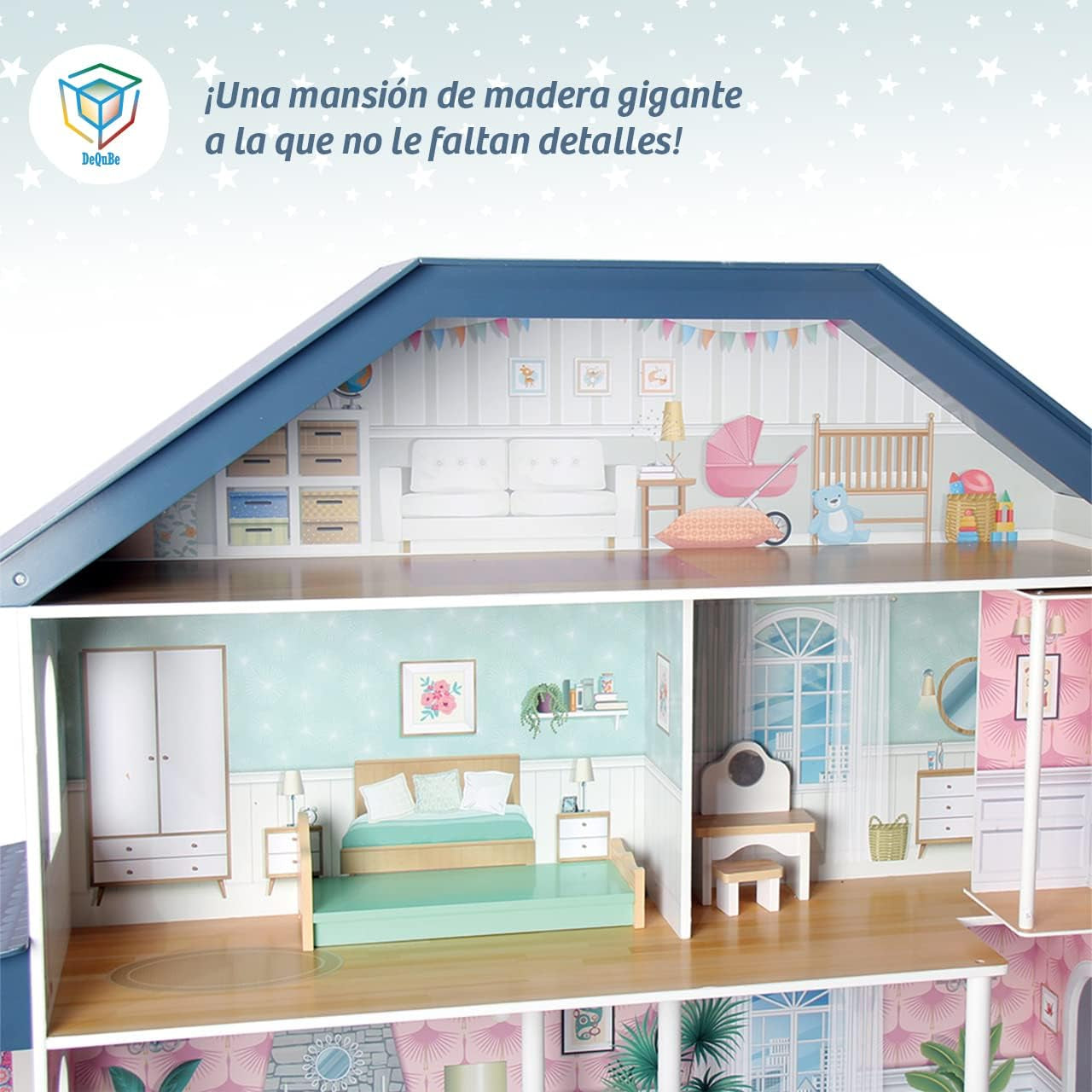 Deqube 913D00016 Maison de poupée en bois, 4 étages, Premium