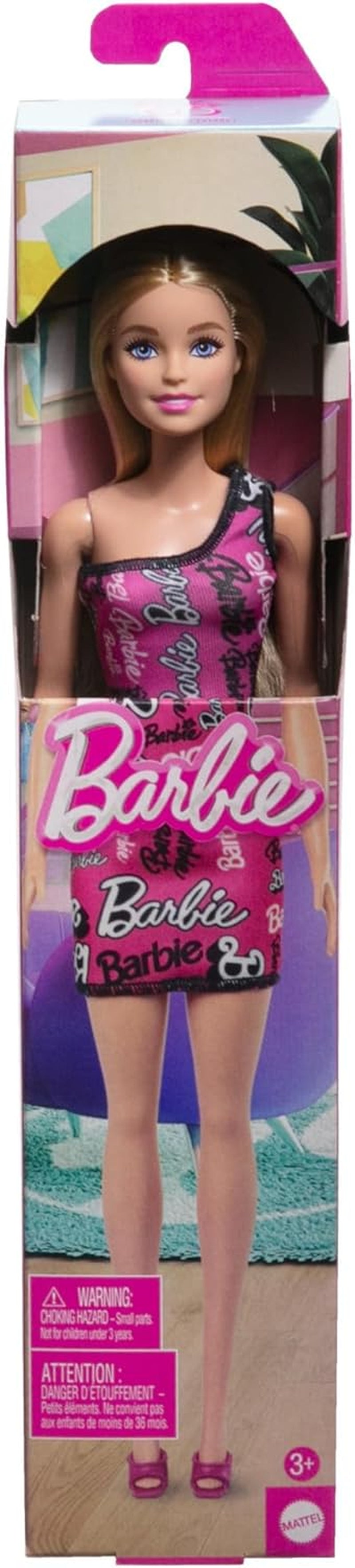 Poupée Barbie Fashion aux cheveux blonds raides en robe extensible rose à une épaule et chaussures avec logo imprimé HRH07 Naty Shop Dolls