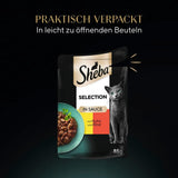 Nourriture humide pour chats Sheba Selection en sachets portionnés avec poulet et bœuf en sauce 28x85g