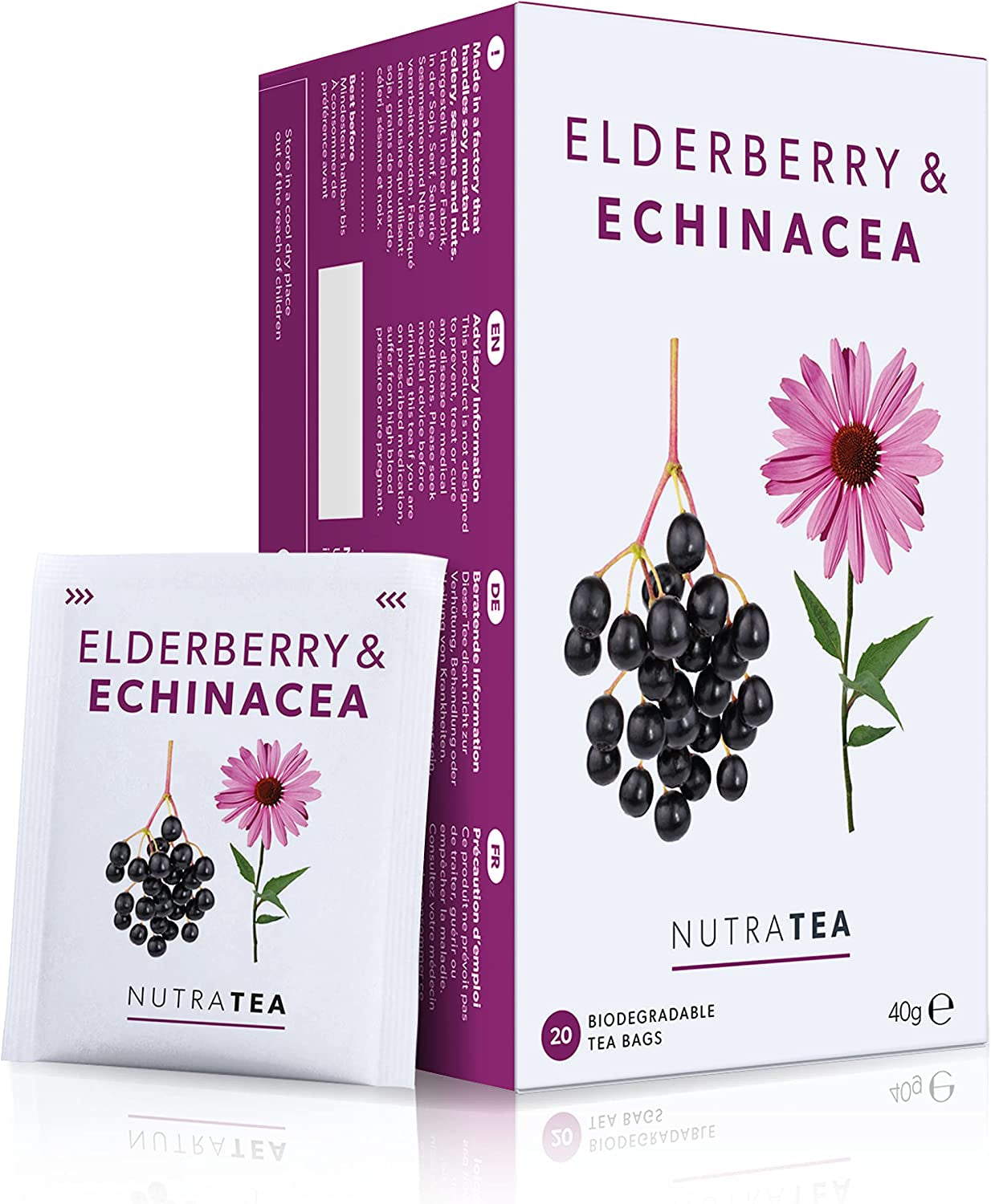 Nutra Tea Sureau et échinacée, Thé immunité et rhume, Thé de soutien immunitaire, Combat contre le froid, 20 sachets de thé réutilisables, Tisane naturelle