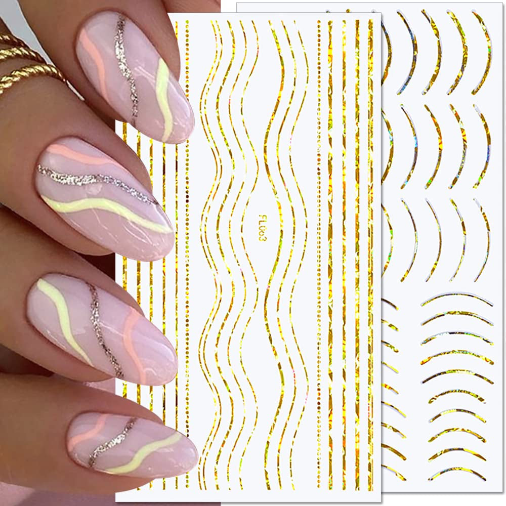12 feuilles d'autocollants pour ongles auto-adhésifs lignes pailletées laser autocollants holographiques rayures bronze autocollants pour ongles ligne française arcs incurvés lignes ondulées autocollants pour ongles accessoires de nail art