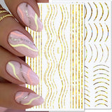 12 feuilles d'autocollants pour ongles auto-adhésifs lignes pailletées laser autocollants holographiques rayures bronze autocollants pour ongles ligne française arcs incurvés lignes ondulées autocollants pour ongles accessoires de nail art