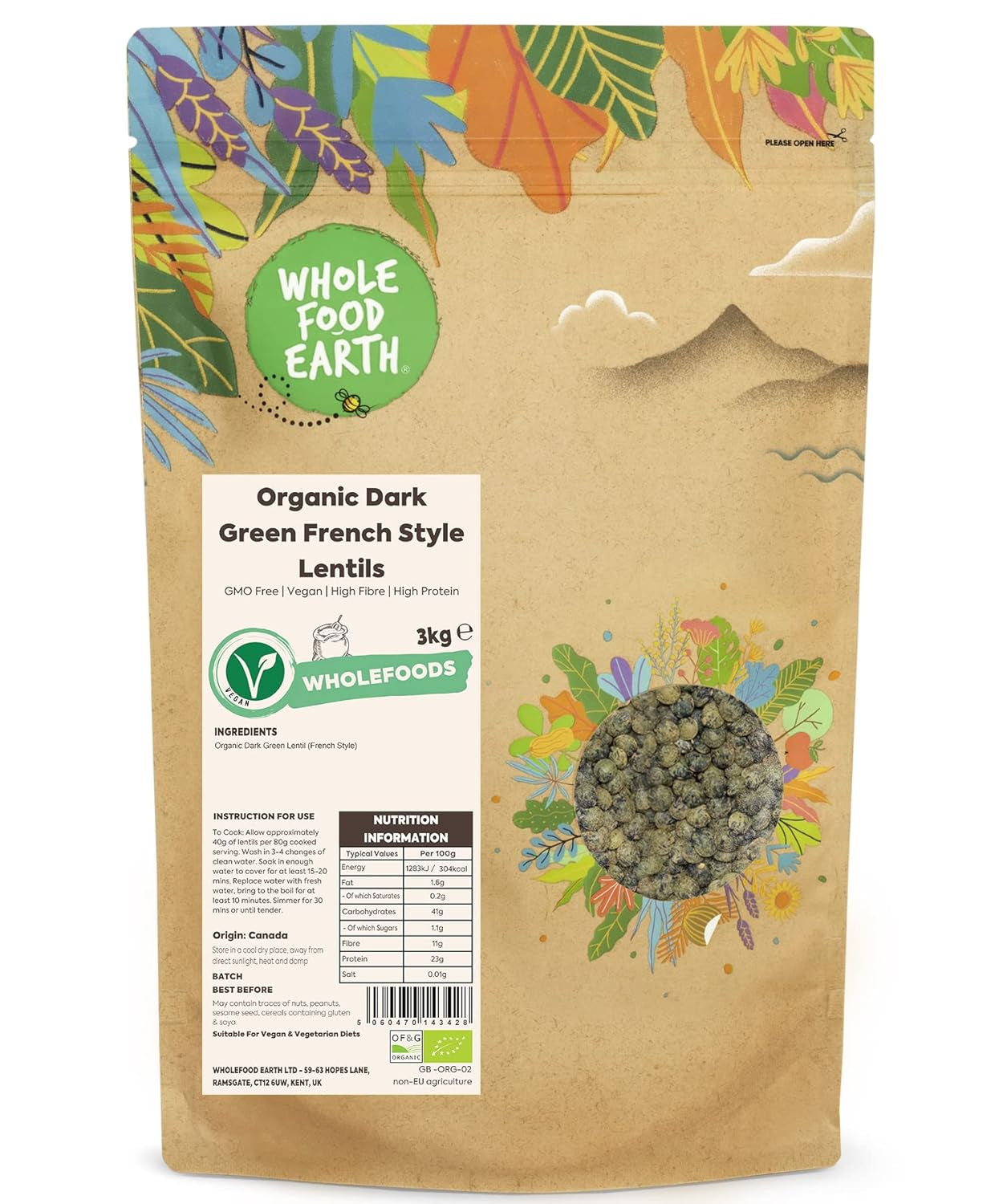 Wholefood Earth Lentilles vert foncé biologiques à la française 1 kg sans OGM | Végétalien | Riche en fibres | Riche en protéines | Certifié biologique