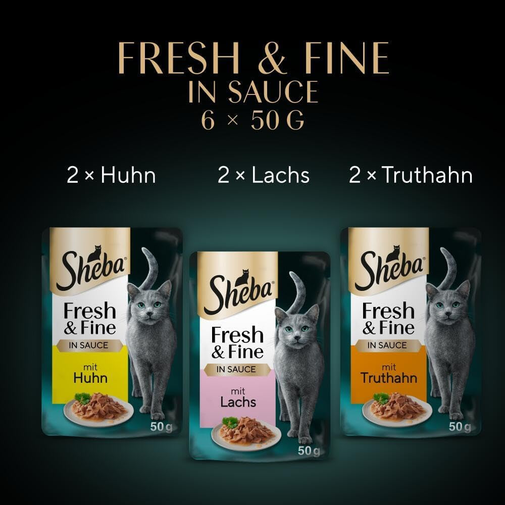 Sheba Portion Pouches Nourriture humide pour chats, multipack Fresh & Fine en sauce avec poulet et saumon MSC, 6x6x50g - Repas fins pour chats en sauce
