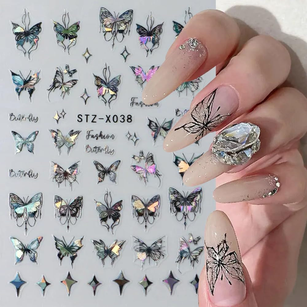 Autocollants d'ongles 3D métallisés Schwarz Schmetterling - Autocollants d'ongles Aurora rose laser - Autocollants d'art d'ongles papillon punk - Autocollants d'ongles argentés - Nageldesign Zubehör