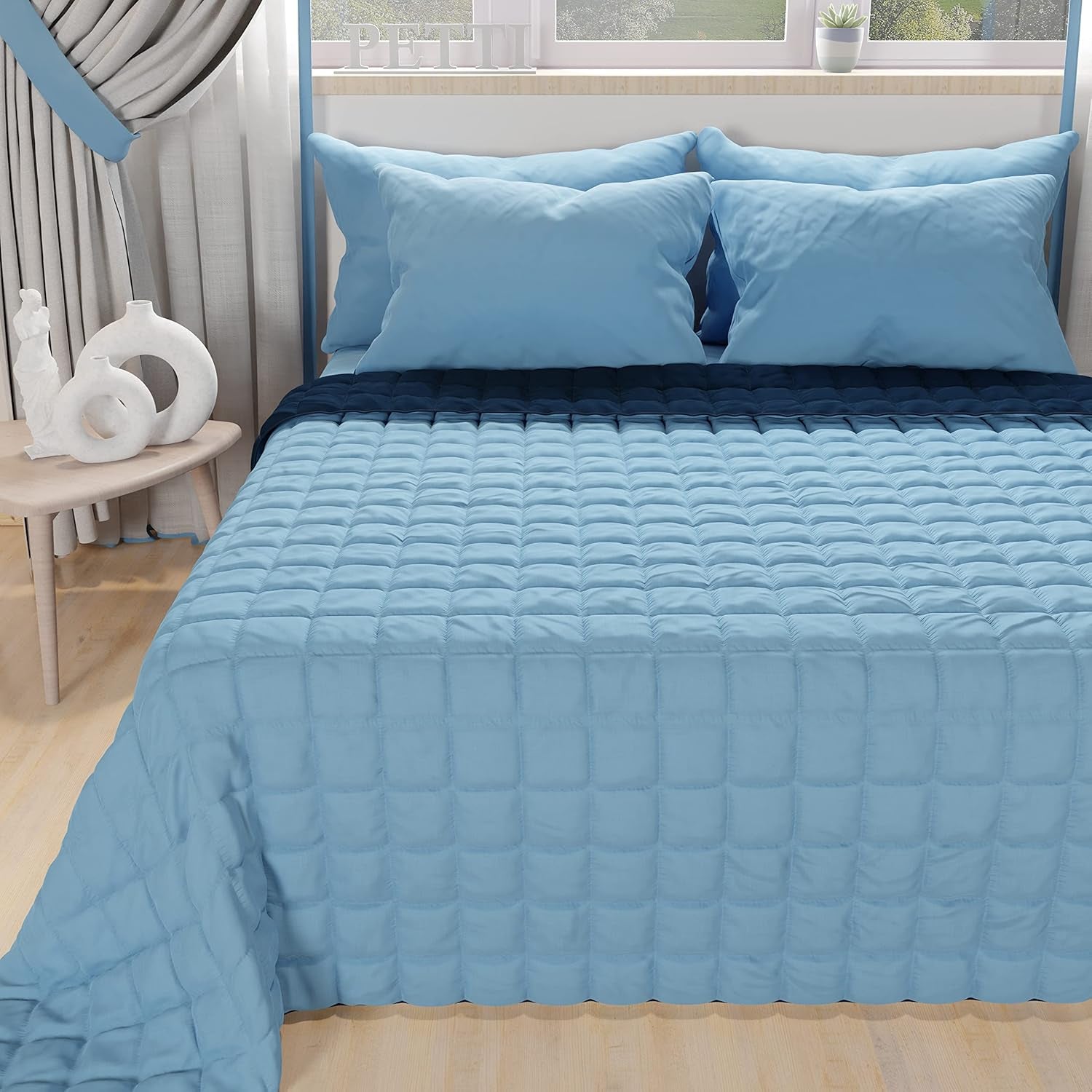 PETTI Artigiani Italiani - Couvre-lit simple, couvre-lit double face, couvre-lit à ressorts, bleu nuit, blanc, 100% Made in Italy