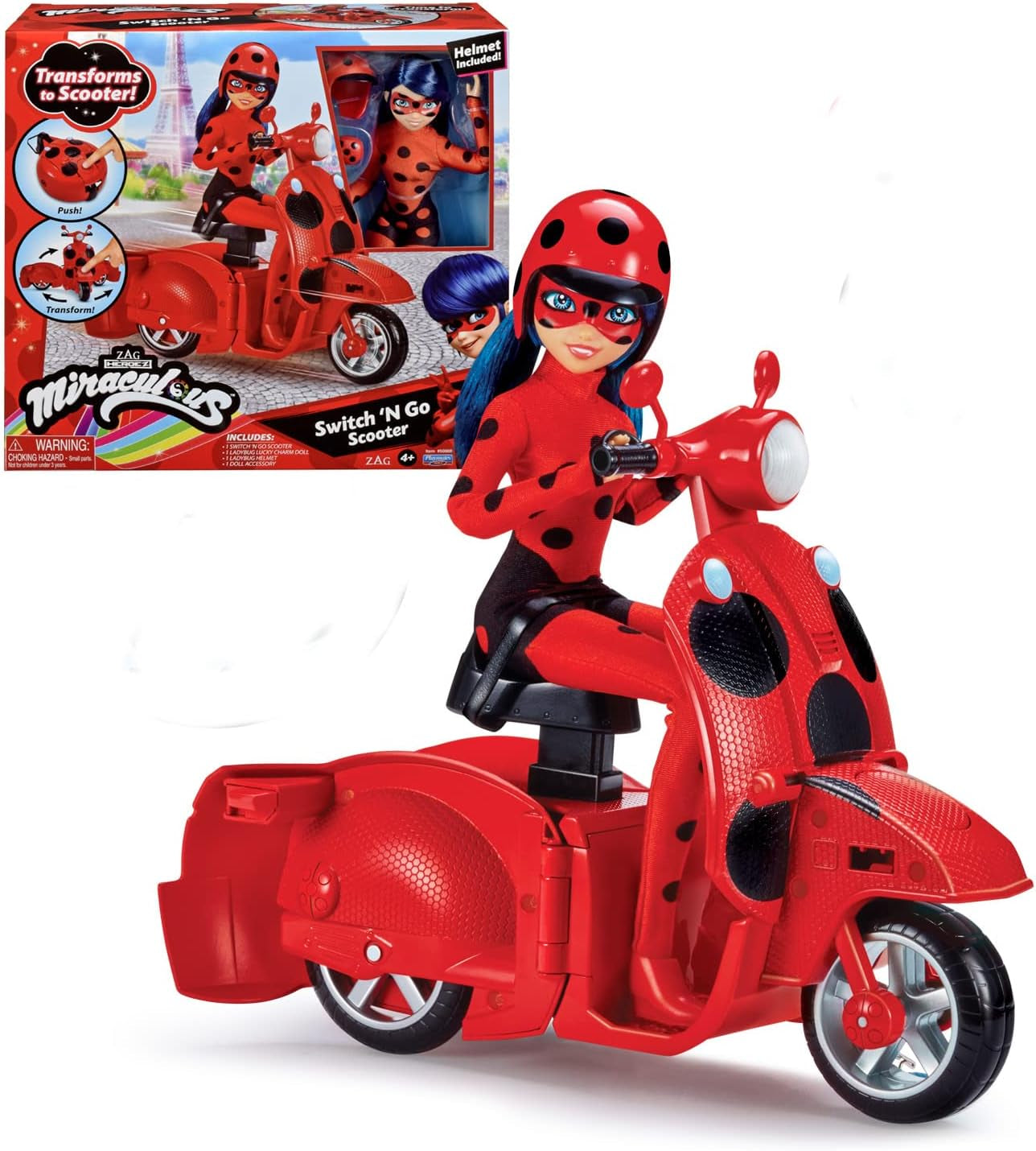 Bandai - Miraculous Ladybug - Trottinette Miraculous Switch'n Go + Poupée Articulée Ladybug Lucky Charm 26 cm - P50668
