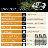 El Gusto Espresso Kaffee aus Ganzen Bohnen au Costa Rica, Dunkel Geröstet, Creative Mischung, 100% Arabica, Frischer Gourmet-Kaffee 3er Pack