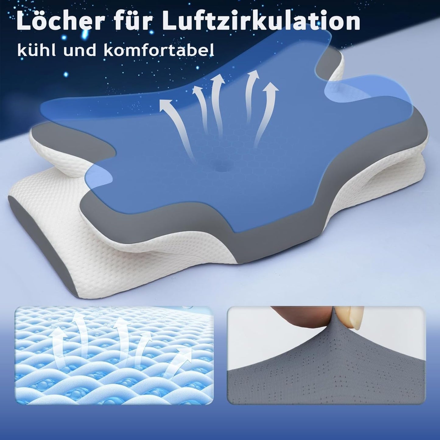 Oreiller orthopédique en mousse à mémoire de forme - Design ergonomique - Forme creuse pour dormeurs sur le côté, le dos et le ventre - Oreillers orthopédiques cervicaux gris Naty Shop
