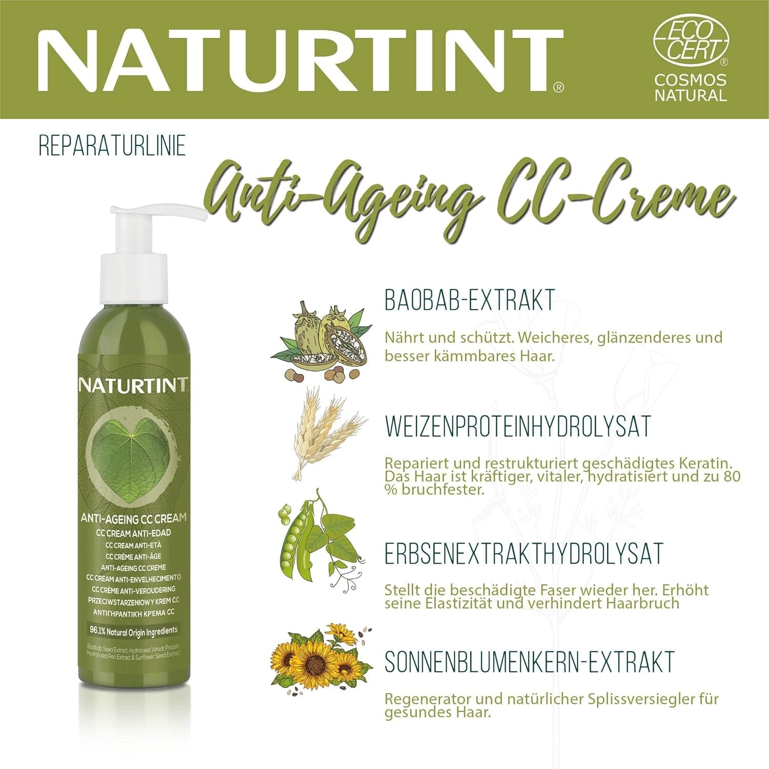 Crème CC teinte naturelle. Masque capillaire sans rinçage. Pour cheveux secs et abîmés. Répare et hydrate. 96% d'ingrédients naturels. Masque capillaire Naty Shop 200 ml