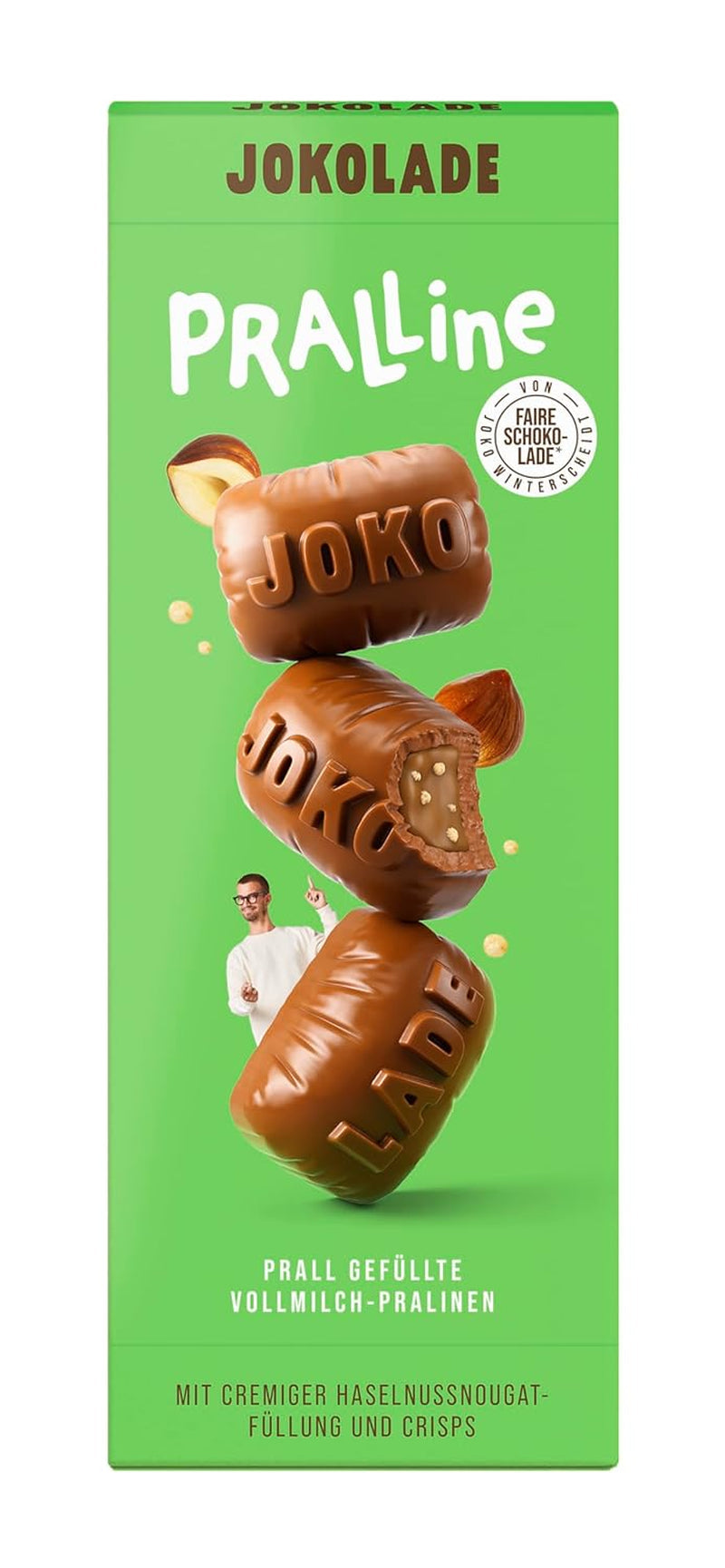 JOKOLADE PRALIN Boîte 80g | Garniture généreuse à la crème de nougat aux noisettes et chips | Chocolat équitable de Joko Winterscheidt