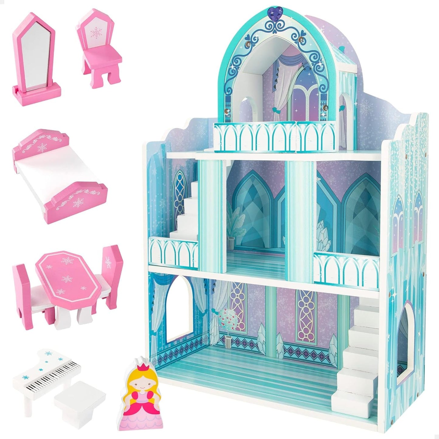 Maison de poupée en bois, Châteaux de princesse en bois, Maisons de poupées, 3 étages, Châteaux de princesse, 9 pièces en bois, 37x15x53,5 cm, Jouet en bois, 3 ans et plus
