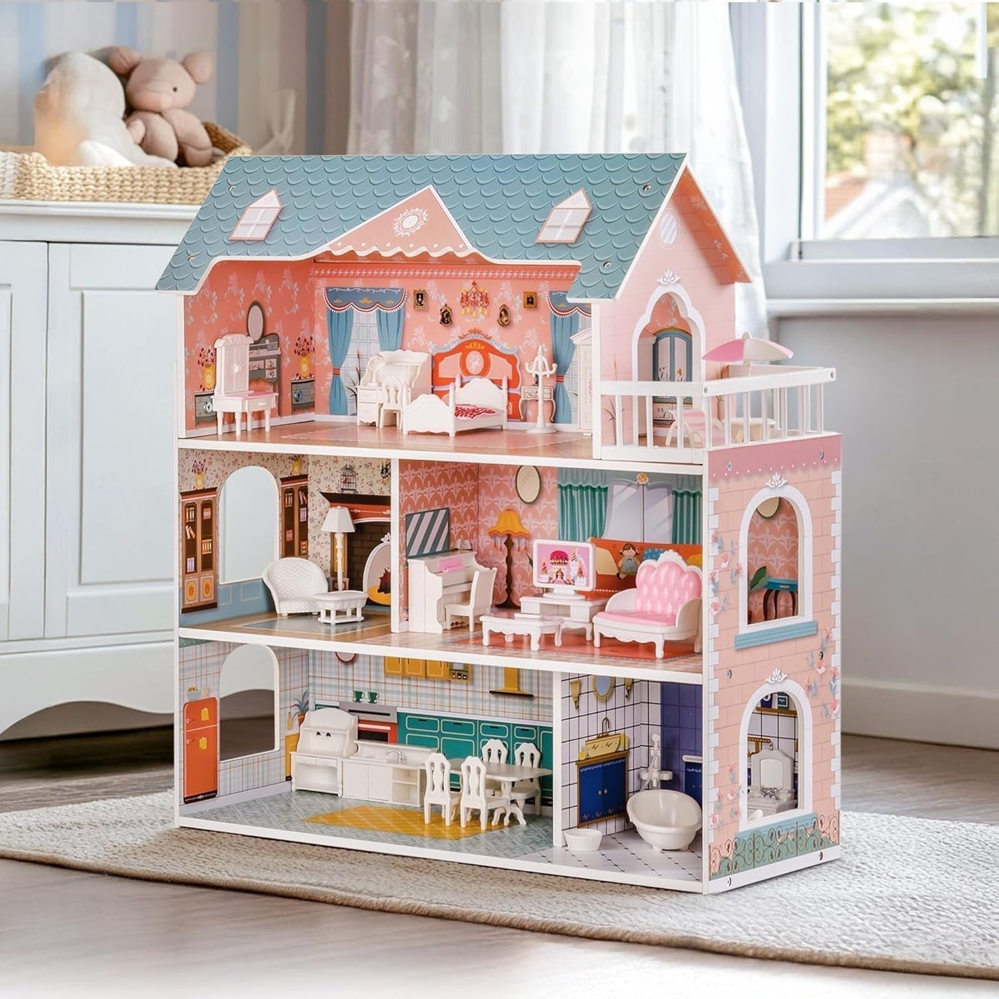 Maison de poupée en bois avec meubles et accessoires, maison de jeu pour filles, jouets de salle de jeux pour enfants, maisons de poupées, boutique Naty