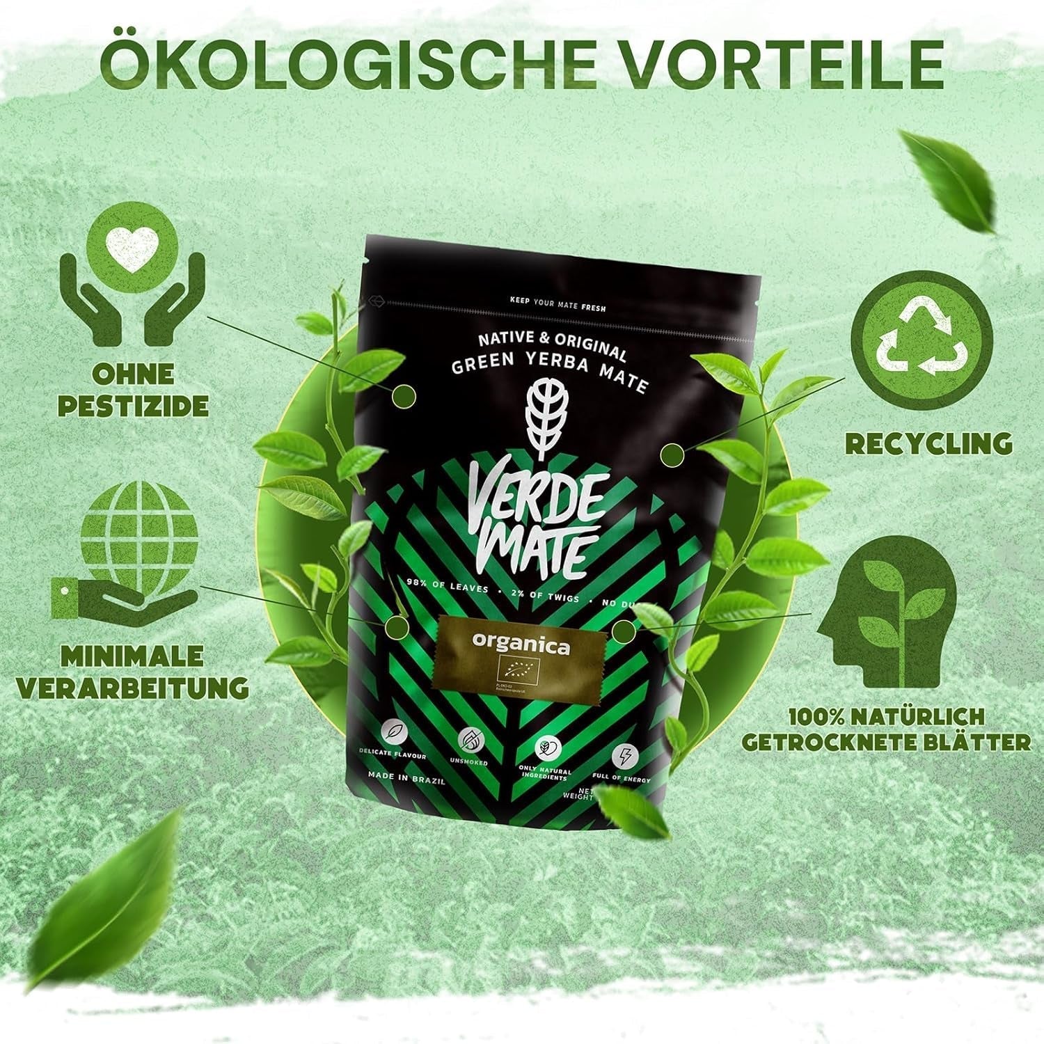 Verde Mate Green Orgánica 500 G – Yerba Mate biologique du Brésil – sans fumée et soigneusement traité 0,5 kg