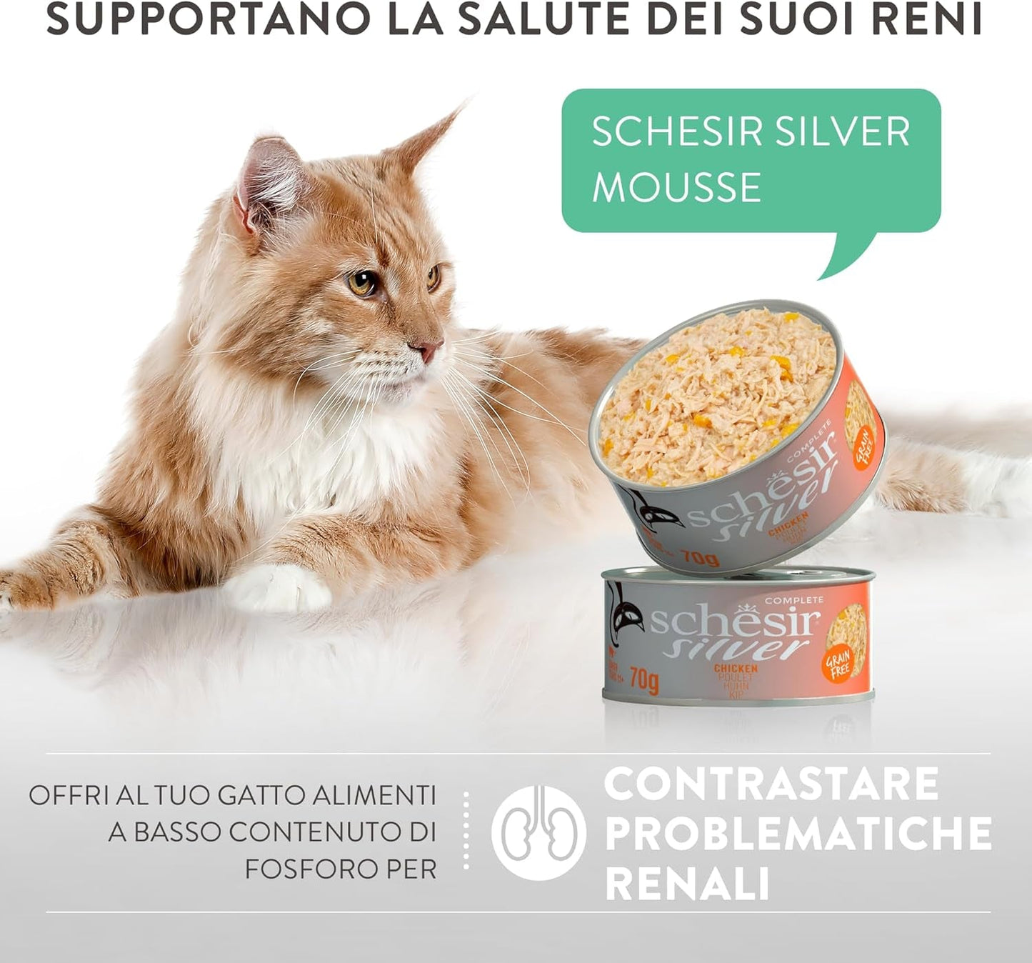 Silver Poulet avec Mousse et Filets de Canard, Aliment humide complet pour chats seniors, Sans céréales, Soutien immunitaire, Source d'humidité, 12 x 70 g