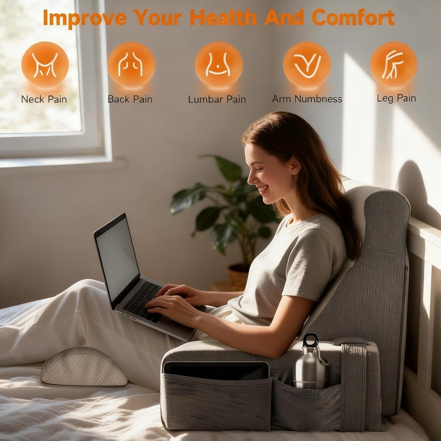 Grand coussin de lecture avec repose-nuque et accoudoirs amovibles, coussin de dossier pour lit, coussin de dos ergonomique avec bras, poche et housse lavable pour lire et regarder la télévision.