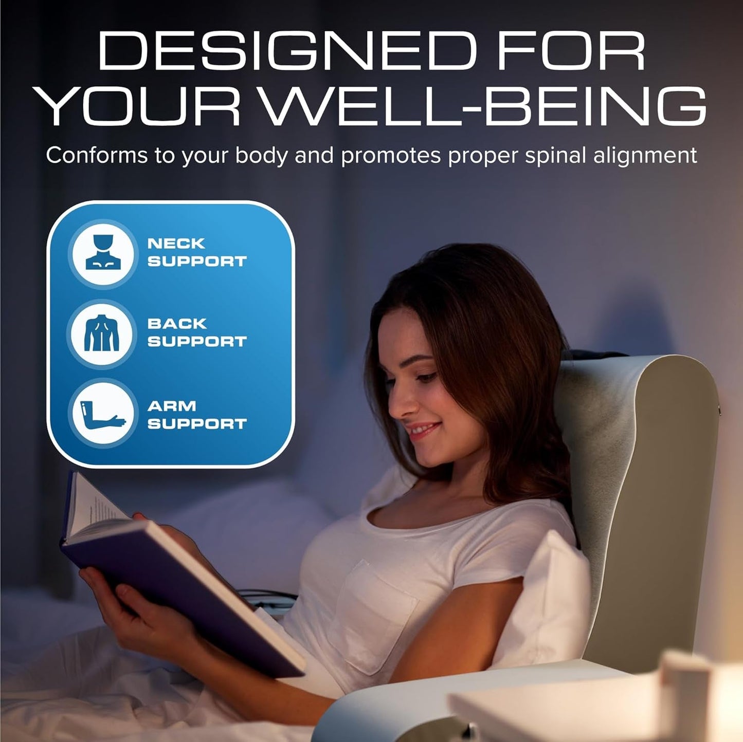 Oreiller de lecture compensé, oreiller de dossier de lit, oreiller de bras pour télévision, livres, jeux, chambre à coucher, soutien du dos (gris/blanc, standard)