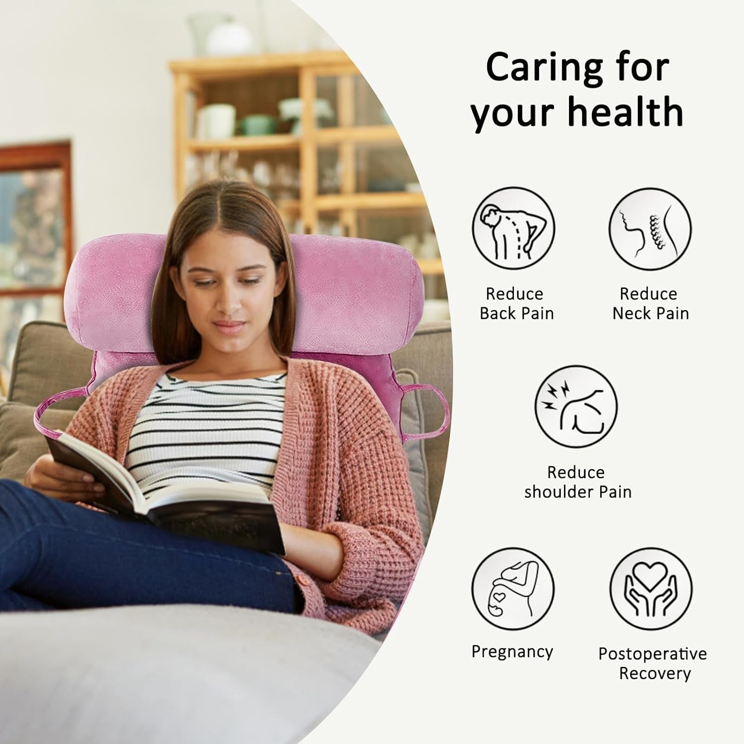 Oreiller de lecture XL pour lit et canapé avec tour de cou amovible, oreiller de dos idéal pour adultes avec mousse à mémoire de forme pour lire, travailler, jouer, regarder la télévision, se détendre (rose)