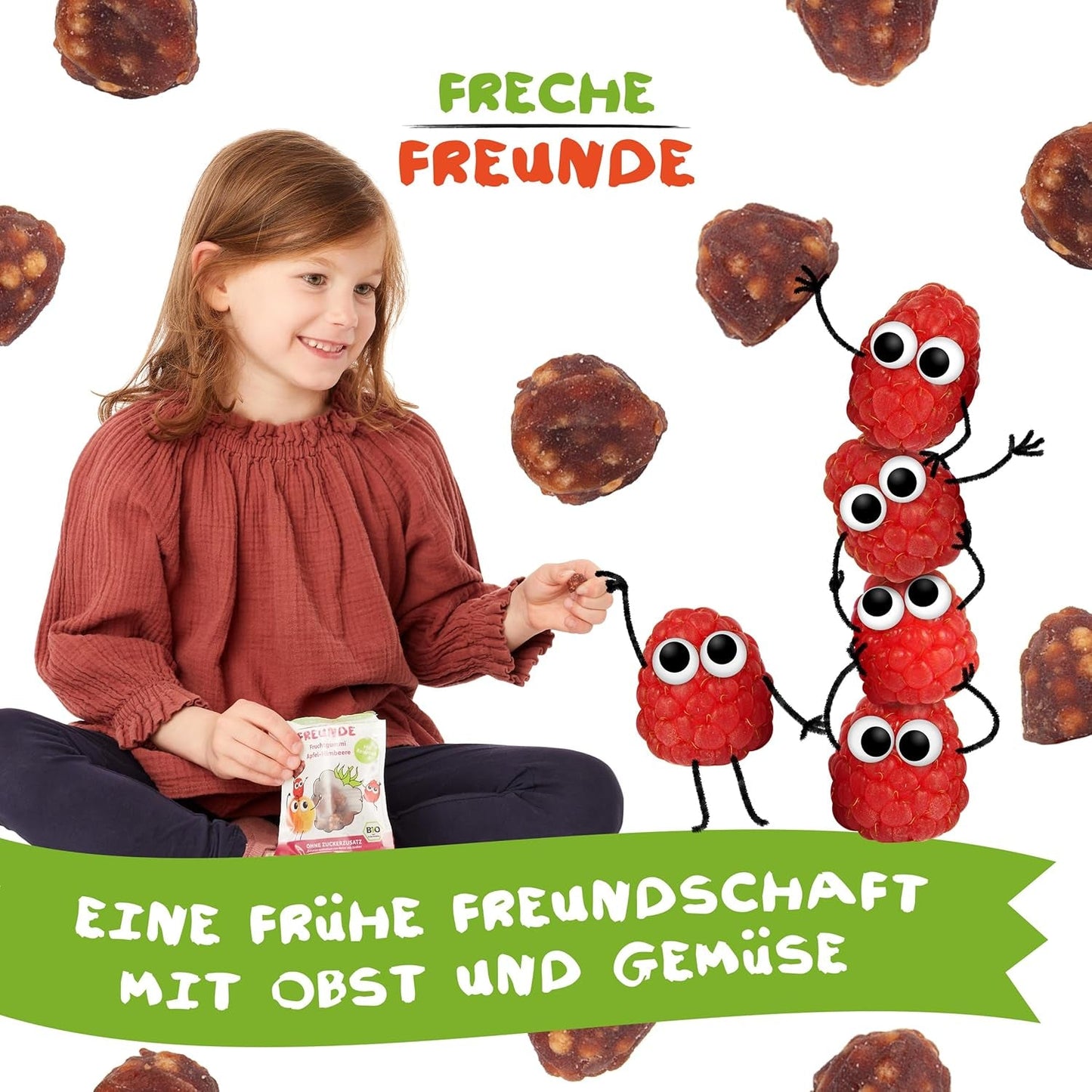 FRECHE FREUNDE Gelées de Fruits Bio, Sucettes Pomme, Framboise et Riz, Snack Sucré Fruité pour Enfants, Sans Gluten, Végétalien, Paquet de 20 (20 x 30g)