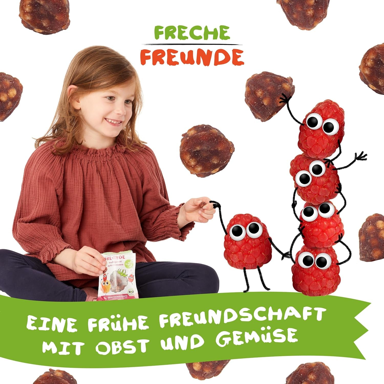 FRECHE FREUNDE Gelées de Fruits Bio, Sucettes Pomme, Framboise et Riz, Snack Sucré Fruité pour Enfants, Sans Gluten, Végétalien, Paquet de 20 (20 x 30g)