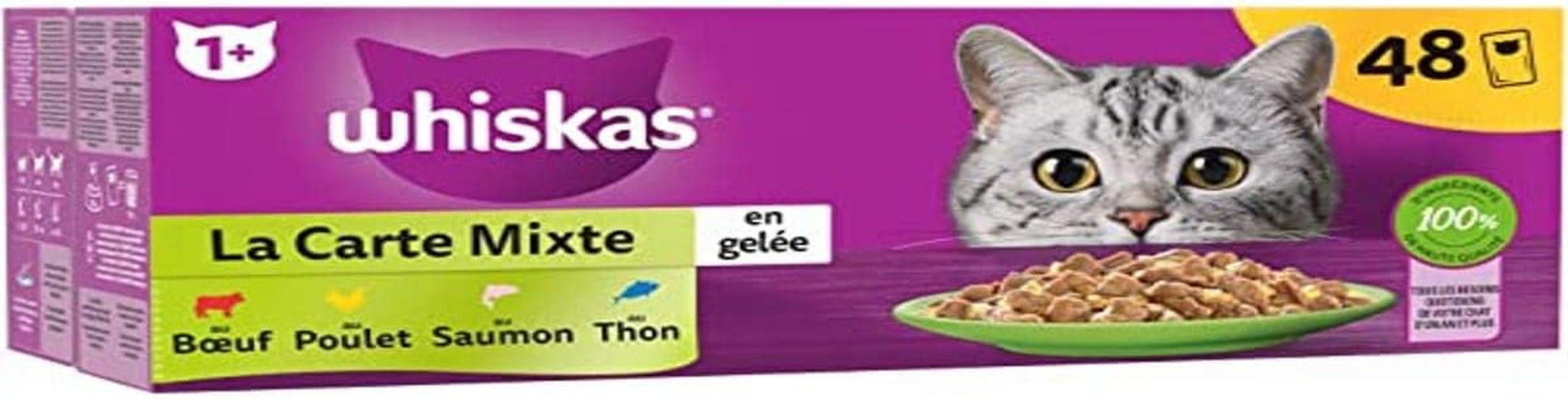 WHISKAS Repas - 48 sachets Frais - Carton mixte (4 variétés) - Aliment humide pour chat adulte en gelée - Aliment humide complet et équilibré adapté aux chats stérilisés