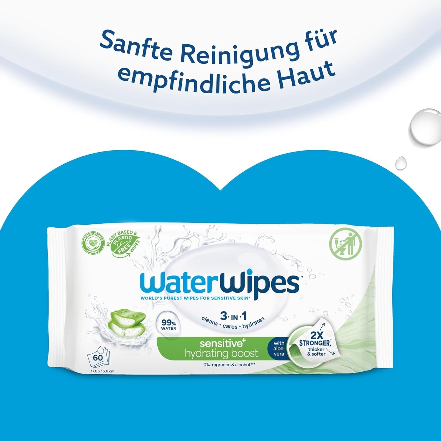 Lingettes humides WaterWipes Sensitive+ Hydrating Boost, lingettes hydratantes, 360 pièces (paquet de 6), nettoyage 3 en 1, soin, hydratation, 99 % d'eau d'aloe vera, lingettes pour bébé non parfumées