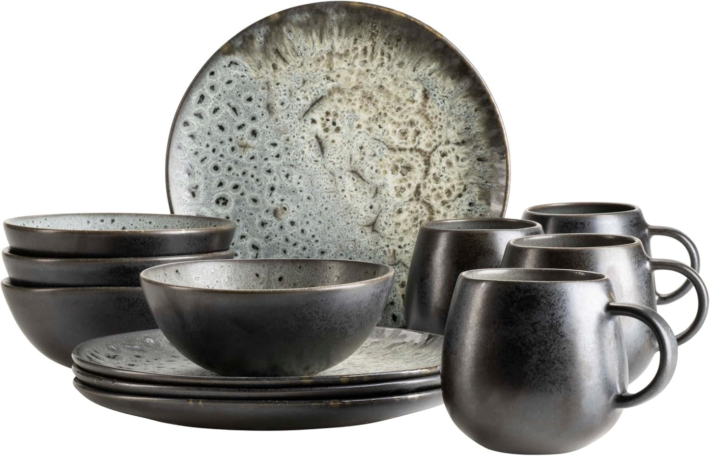 MÄSER Carellia service petit-déjeuner 12 pièces - céramique du Portugal - vernis réactif - 4 assiettes à dessert 23 cm, 4 bols 15 cm, 4 tasses à café 430 ml - passe au lave-vaisselle et au micro-ondes, gris