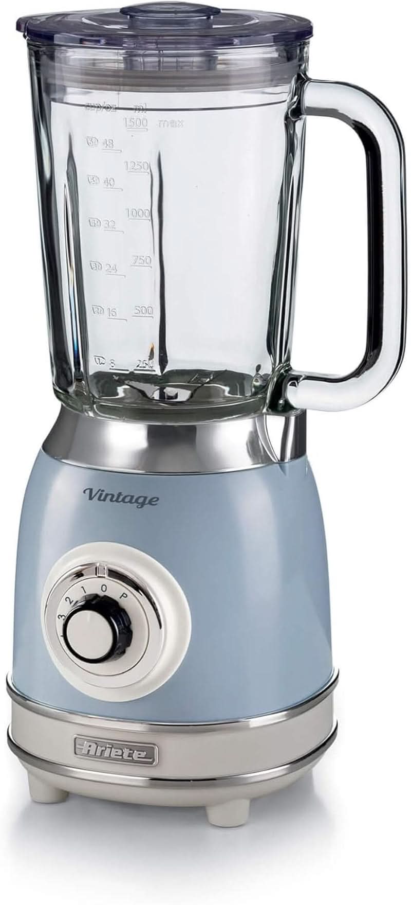 Ariete Vintage 583 Mixer Aus Glas, Retro Multifunktionsmixer Mit 4 Klingen, 4 Geschwindigkeiten + Pulse-Funktion, Ice-Brush Function, 1,5 Liter Fassungsvermögen, 1000W, Green Kitchen Naty Shop Hellblau Single