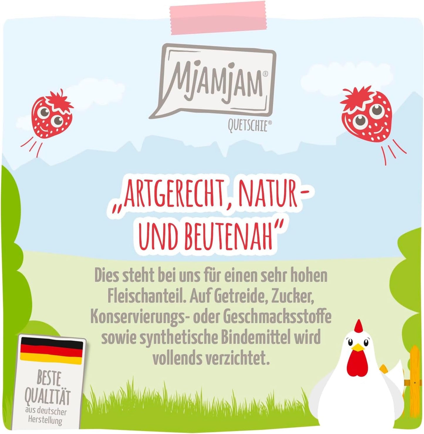 MjAMjAM - Nourriture humide premium pour chat - poulet délicat aux fraises fruitées 400g, paquet de 6 (6 x 400g), naturelle avec un supplément de viande
