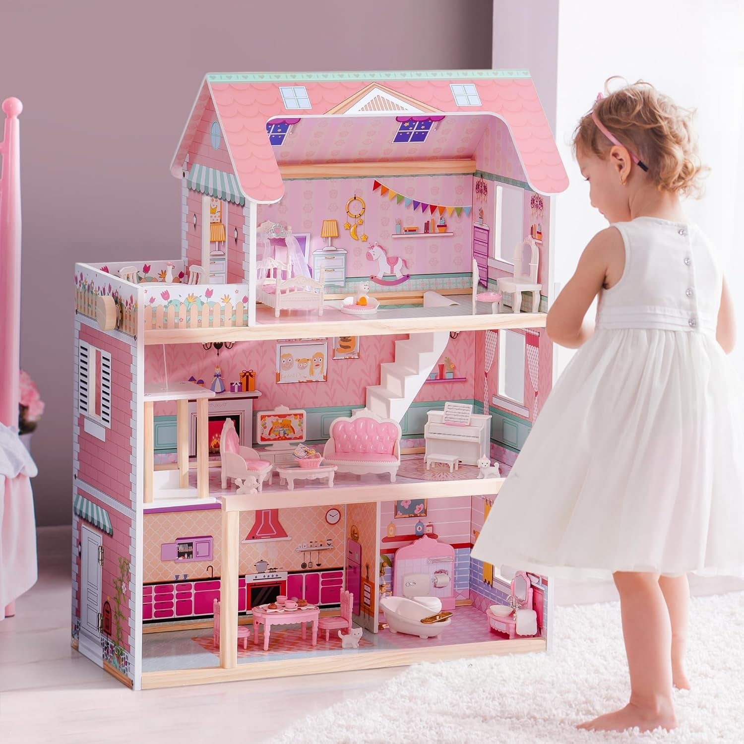 ROBUD Maison de poupée en bois pour enfants, jouet cadeau pour filles et garçons de 3, 4, 5, 6 ans