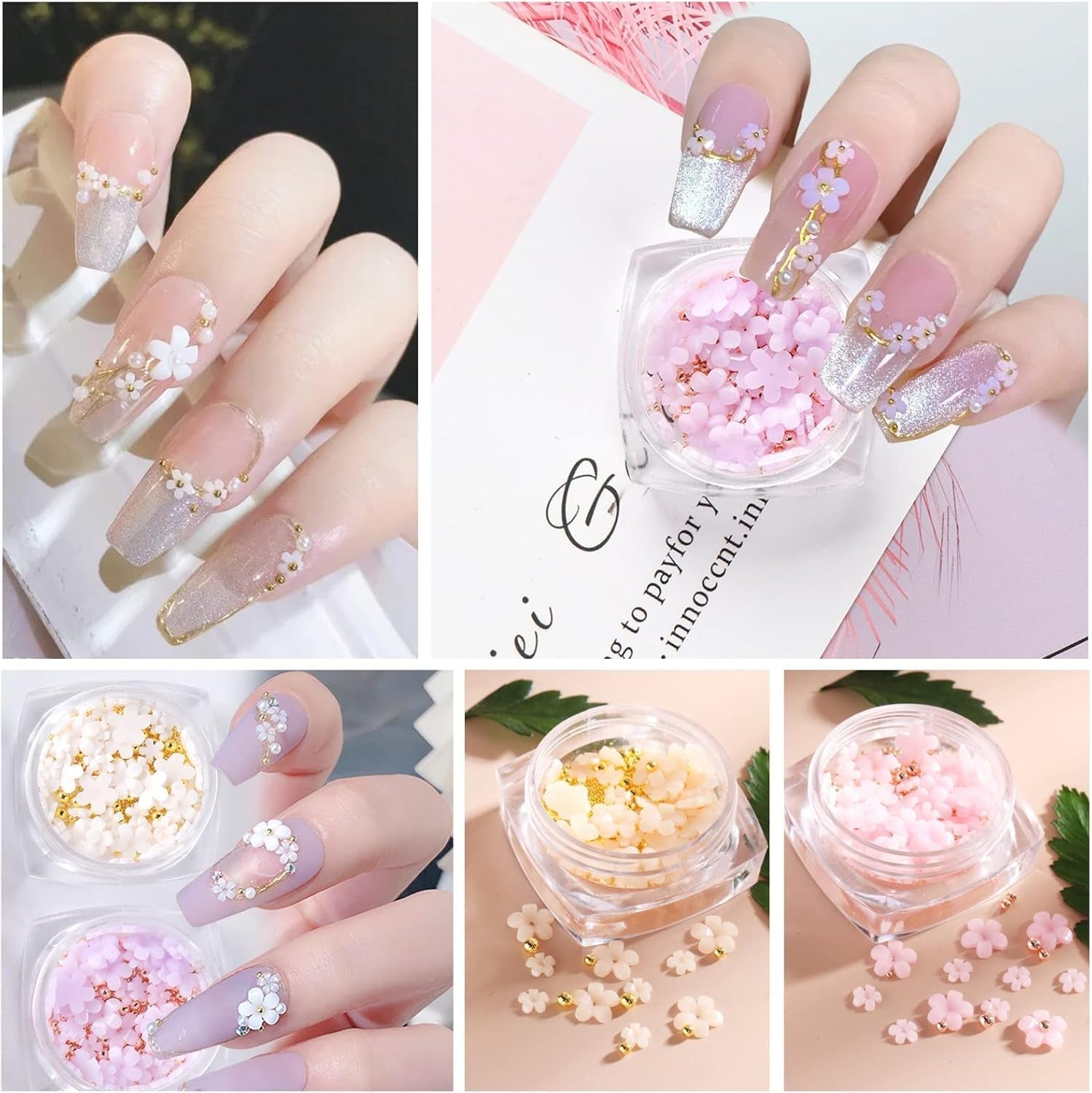 6 boîtes de breloques d'art de fleur 3D, strass de fleur en acrylique avec ornements en or et perles d'argent, bijoux en perles d'argent, accessoires de décoration pour les femmes, les femmes, conception de bijoux DIY, décoration de base…