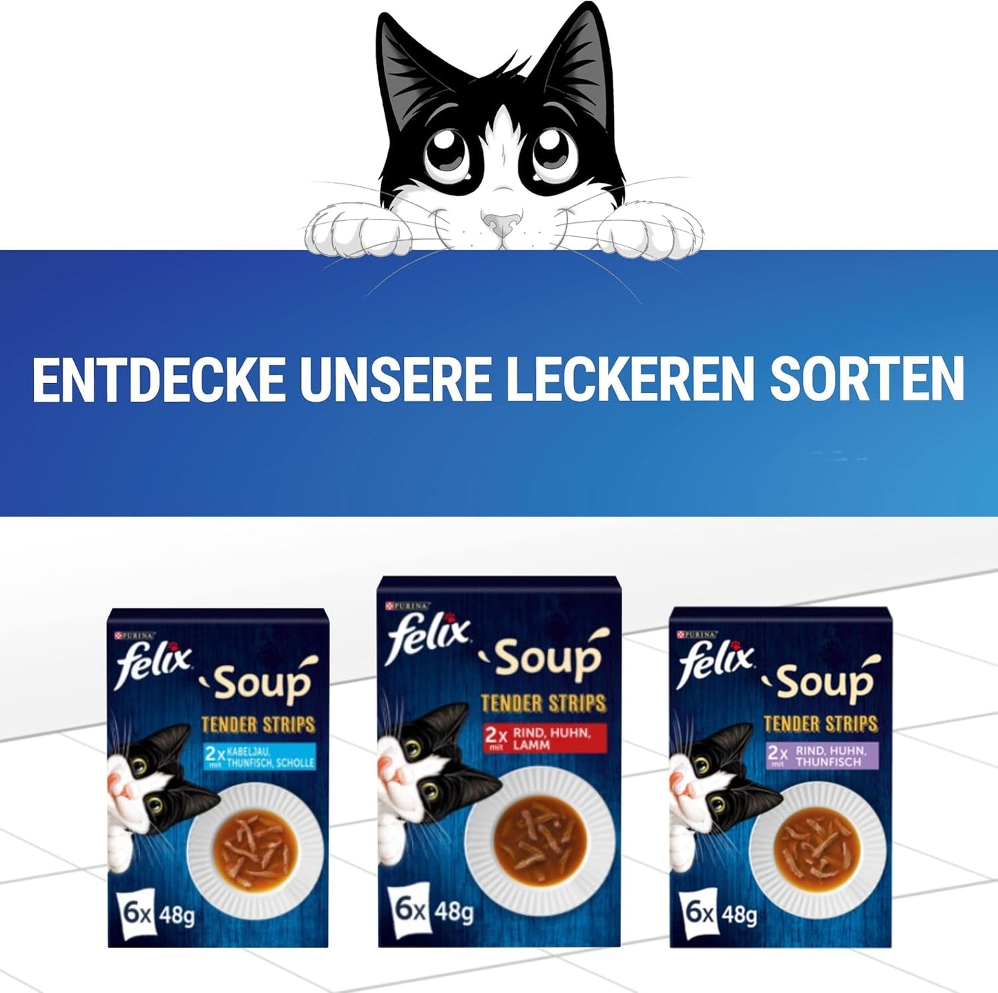 Bandelettes de soupe Felix, soupe pour chat, variété mixte, paquet de 8 (8 x 6 sachets de 48 g chacun)