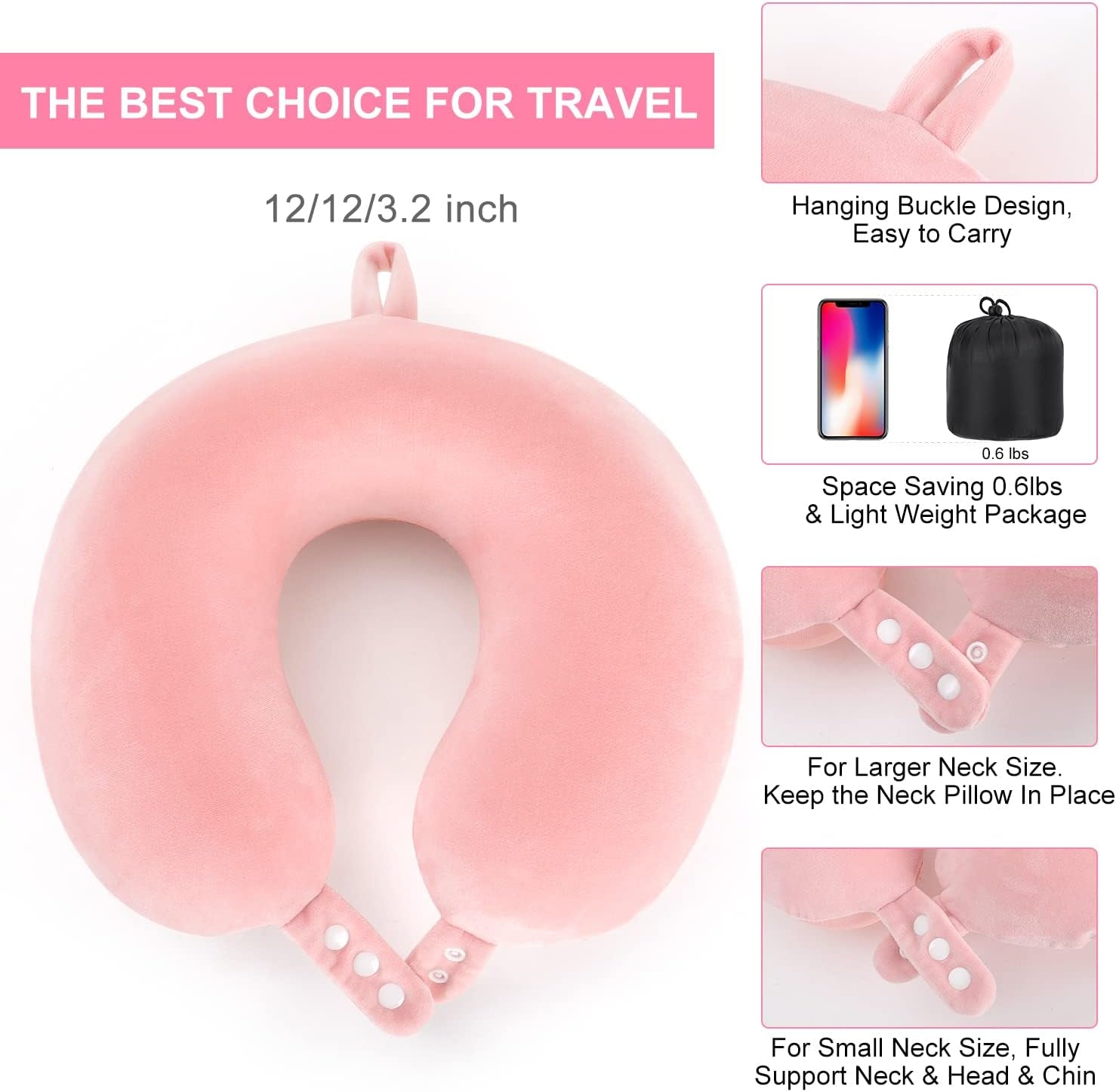TALLGO Oreiller cervical de voyage, meilleur oreiller d'avion en mousse à mémoire de forme pour appui-tête, oreiller doux réglable pour avion, voiture et maison, oreillers orthopédiques cervicaux roses Naty Shop
