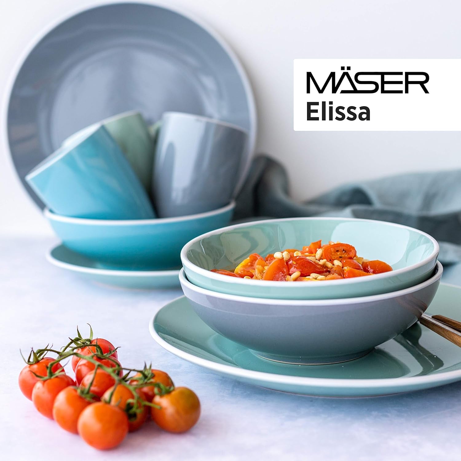 MÄSER 931844 Elissa - Service de table moderne pour 6 personnes, bleu avec bord blanc, ensemble combiné de 24 pièces, céramique