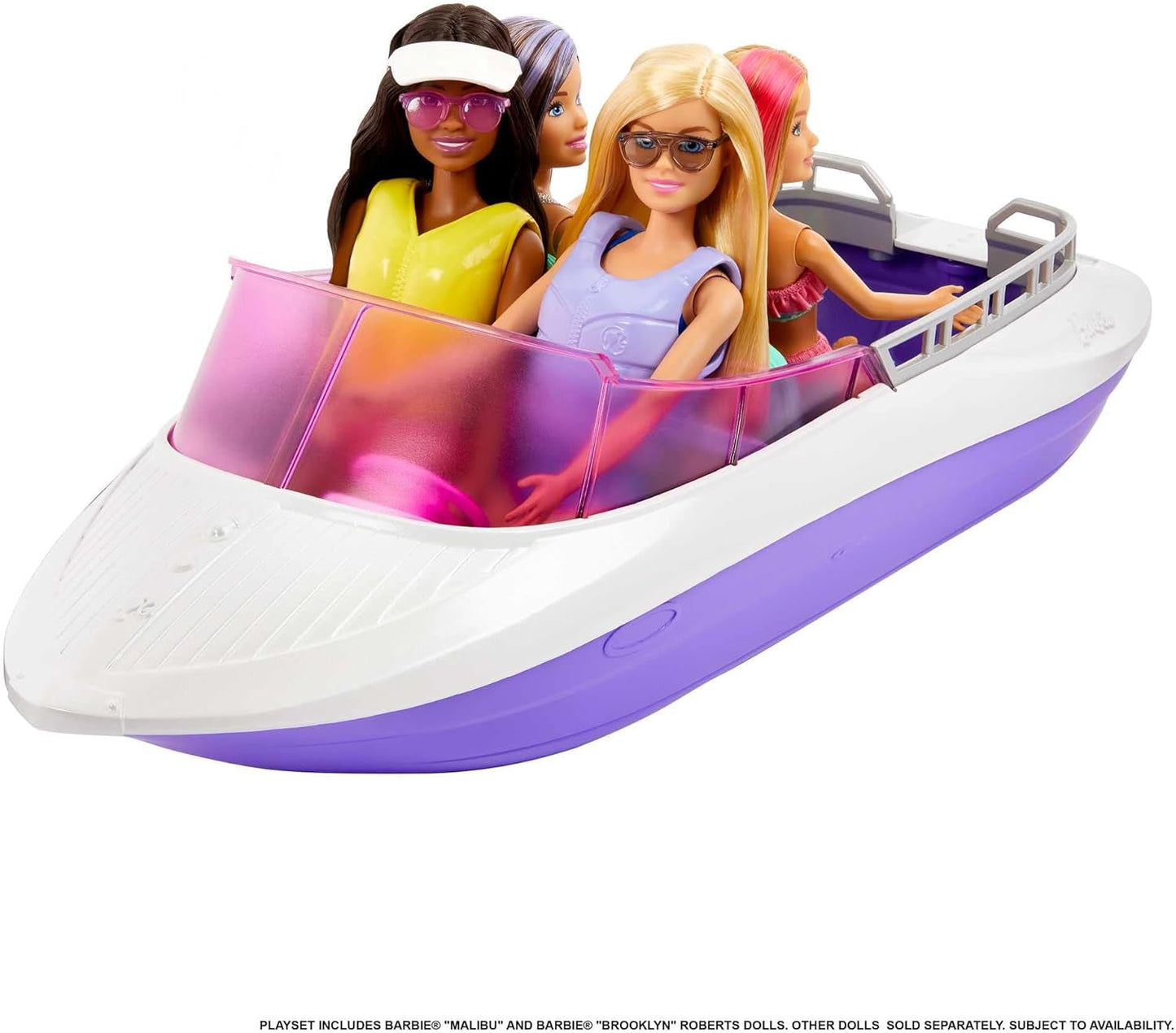 Barbie HHG60 - Bateau à moteur sirène avec 2 poupées (blonde/brune) et divers accessoires, jouet pour enfants à partir de 3 ans