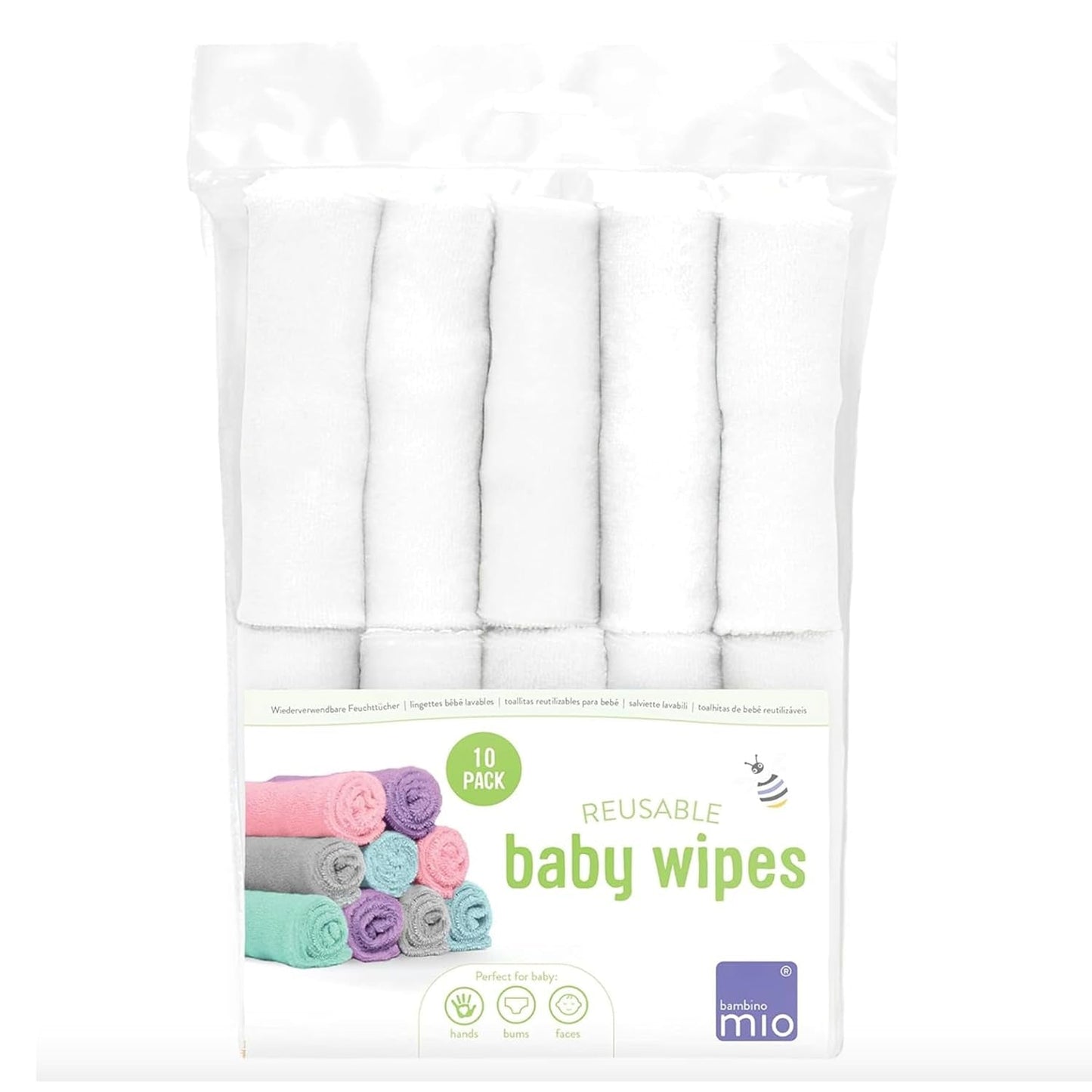Bambino Mio Lingettes réutilisables pour bébé – Basique – Respectueuses de l'environnement, sans produits chimiques, double face, lavables, paquet de 10, nuage – L'emballage peut varier
