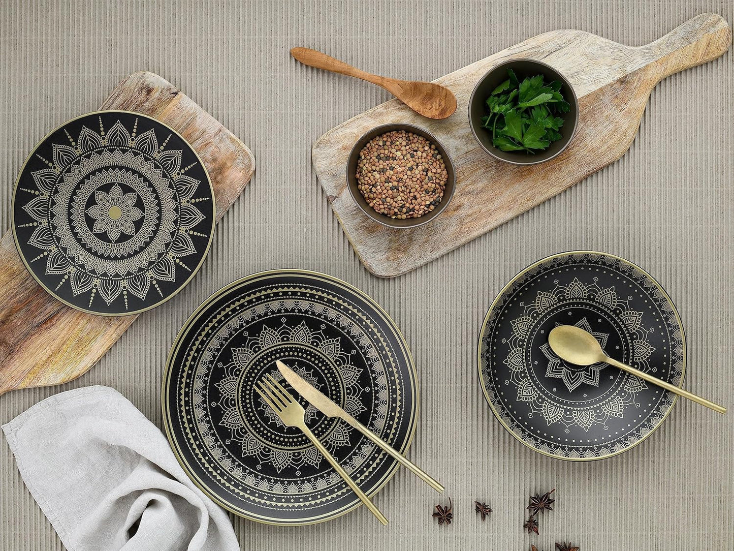 CreaTable, 23588, Série MANDALA GOLD - Noir, Service de table 12 pièces, Service d'assiettes en porcelaine, Passe au lave-vaisselle et au micro-ondes, Fabrication de qualité