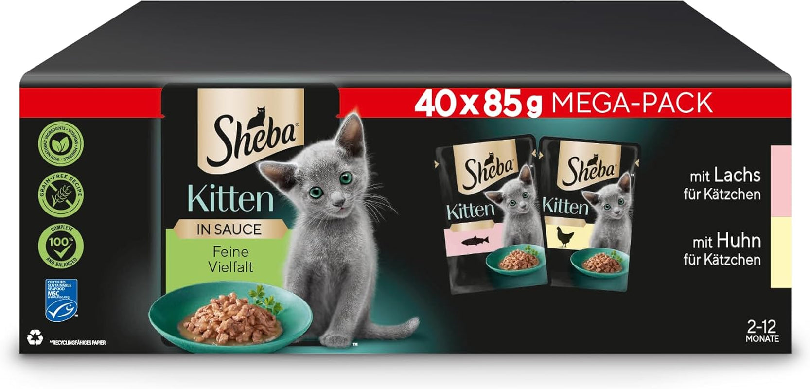 Nourriture humide Sheba pour chatons, en sachets assortis, au saumon (MSC) et poulet en sauce, multipack 40x85g