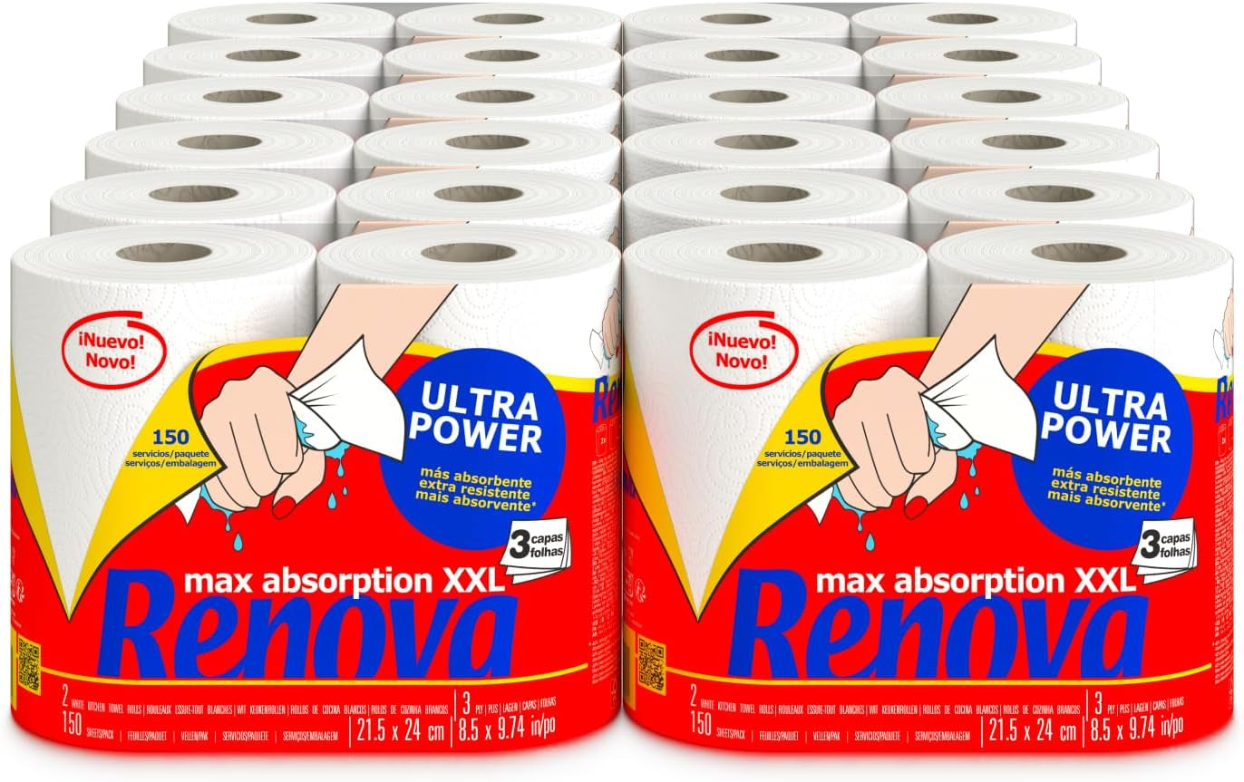 Rouleaux de cuisine Renova Renova Ultrapower | 24 rouleaux XXL = 60 rouleaux standards | 3 couches ultra-absorbantes et à résistance maximale | Papier certifié Fsc