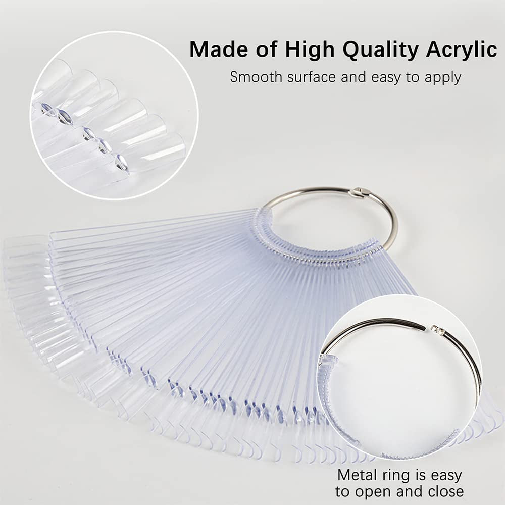 300 bâtonnets d'ongles transparents, dessins d'ongles en forme d'éventail, pointes d'affichage couleur avec 6 anneaux métalliques, plaque d'ongles artificiels pour salon de manucure et pratique du vernis gel pour débutants