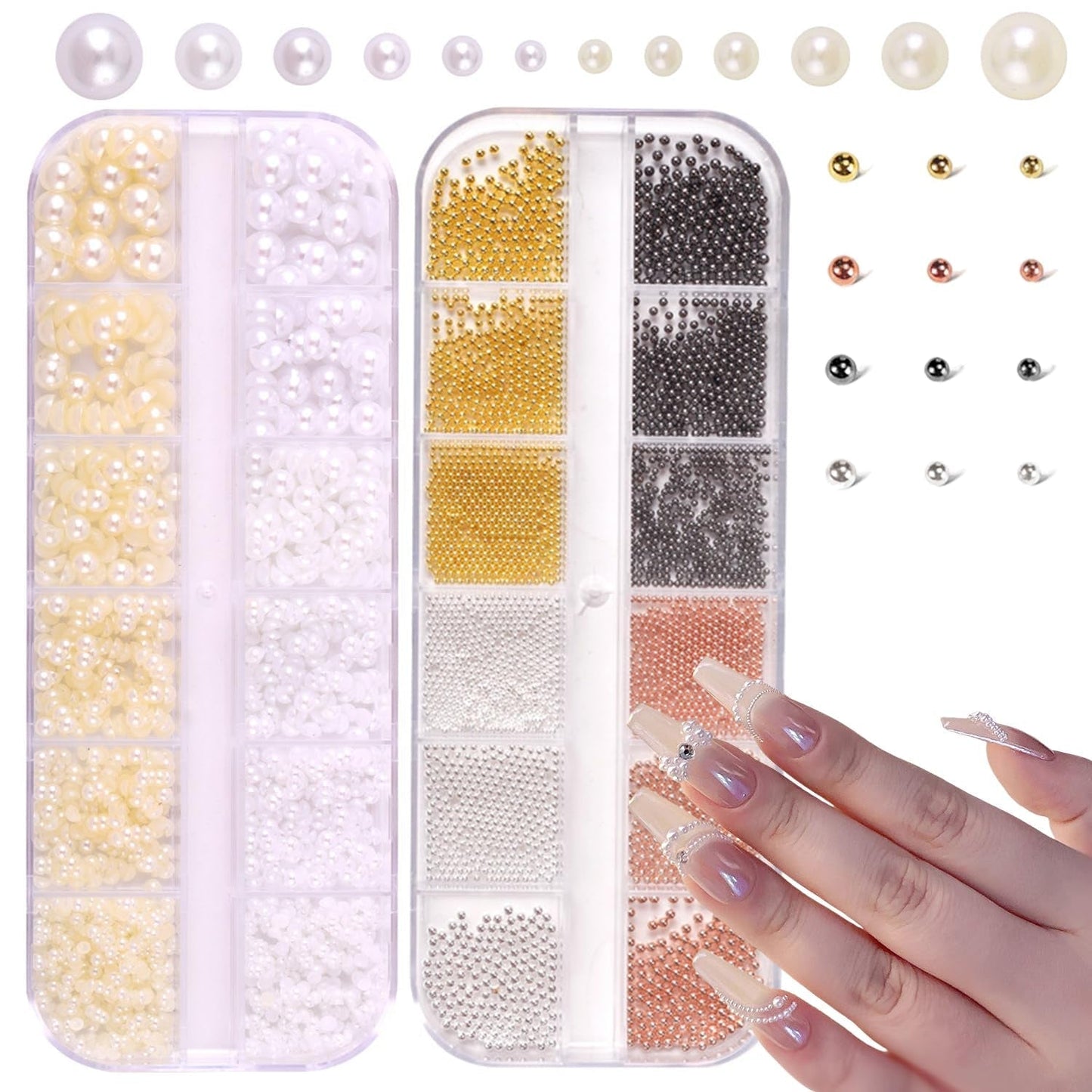 GZMAYUEN Nail Art Perles Micro Caviar pour Nägel, 0.3-3Mm Argent Doré Mini Caviar Strasssteine, Weiß Beige Mini Nägel Perlen Microperlen Décoration pour Nägel
