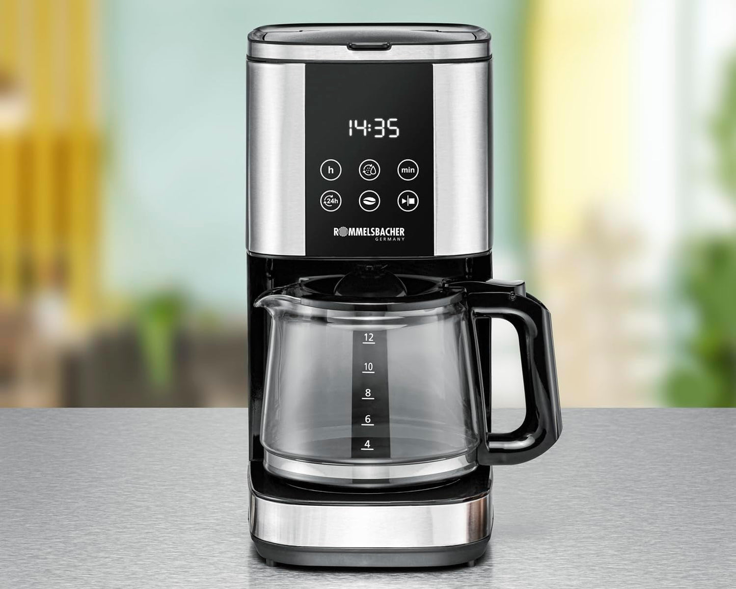 Machine à expresso à filtre Rommelsbacher FKM 1000 - réservoir d'eau de 1,5 litre pour 12 tasses de café, carafe en verre, démarrage différé, fonction maintien au chaud, fonction arôme, porte-filtre amovible 1x4