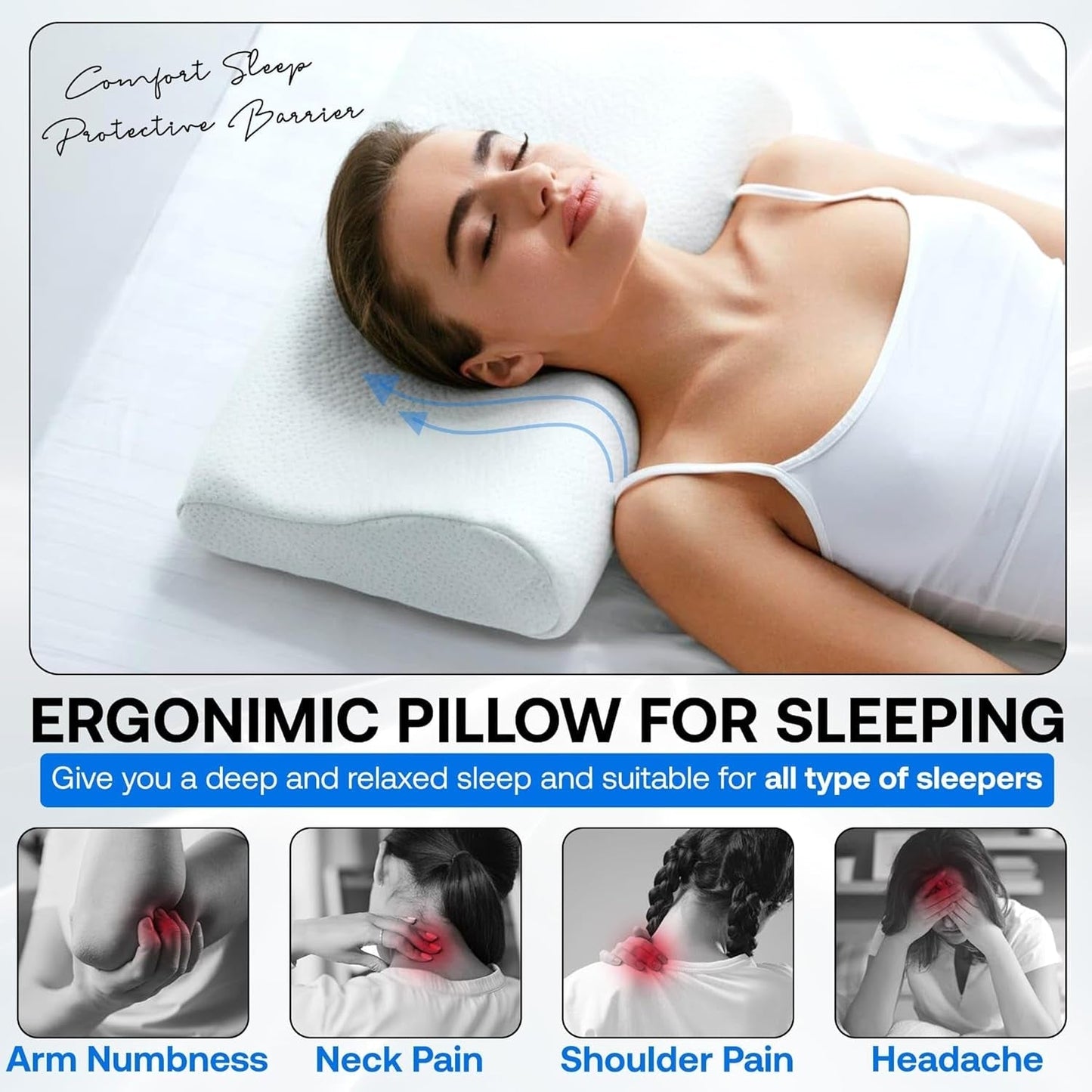Oreiller orthopédique de soutien du cou en mousse à mémoire de forme - Oreiller ergonomique, oreiller anti-ronflement pour dormeurs sur le côté, sur le ventre et sur le dos, Pilow, 60 cm x 40 cm x 12 cm Oreillers orthopédiques cervicaux Naty Shop