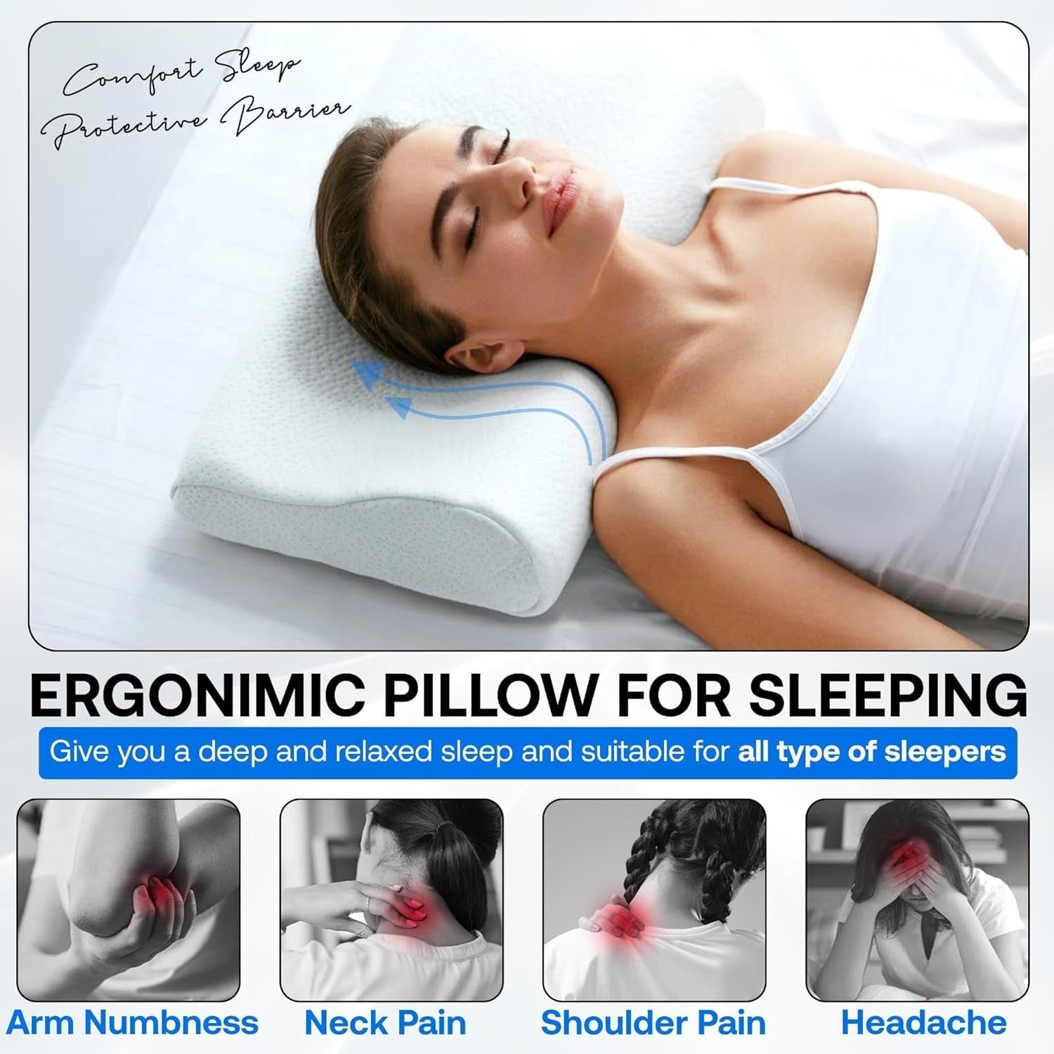 Oreiller orthopédique de soutien du cou en mousse à mémoire de forme - Oreiller ergonomique, oreiller anti-ronflement pour dormeurs sur le côté, sur le ventre et sur le dos, Pilow, 60 cm x 40 cm x 12 cm Oreillers orthopédiques cervicaux Naty Shop