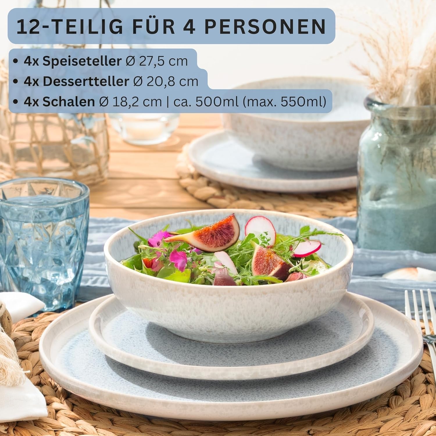 SANGER | Service de table Santorin 12 pièces Service d'assiettes pour 4 personnes TRÈS BON Service de table en grès comprenant des assiettes plates, des assiettes à dessert et des assiettes Suma Crème Lilas Bleu Dégradé | LA COLLECTION PREMIUM
