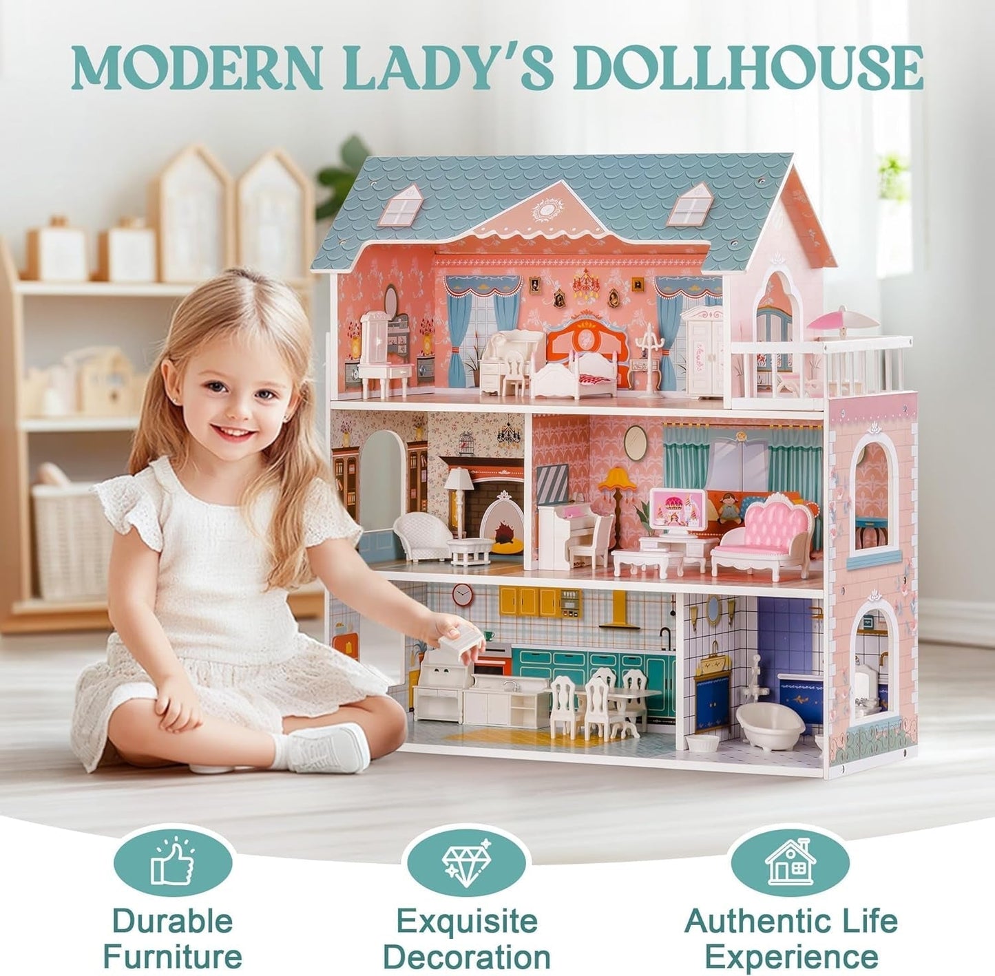 Maison de poupée en bois avec meubles et accessoires, maison de jeu pour filles, jouets de salle de jeux pour enfants, maisons de poupées, boutique Naty
