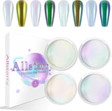 Chrome Nagel Pulver 4 couleurs irisées Aurora Pulver Metallic Spiegel Effet Pigment Nacré Merjungfrau Glitter Einhorn Glitter pour Gel Polish Nail Art Décoration-Purpurgrüner Jadeit