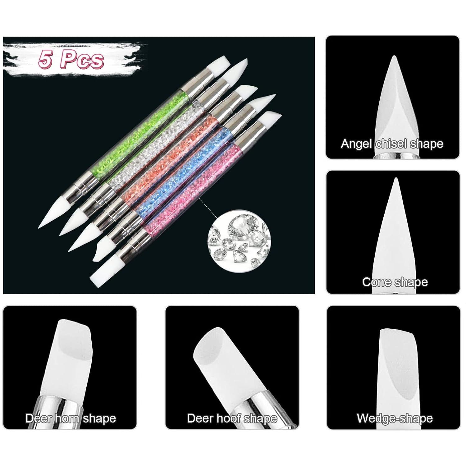 Qufiiry 5 pièces pinces à ongles en silicone, pinces à ongles en gel, ensemble de pinces à modeler en silicone, double coup de pinceau bricolage atelier de manucure