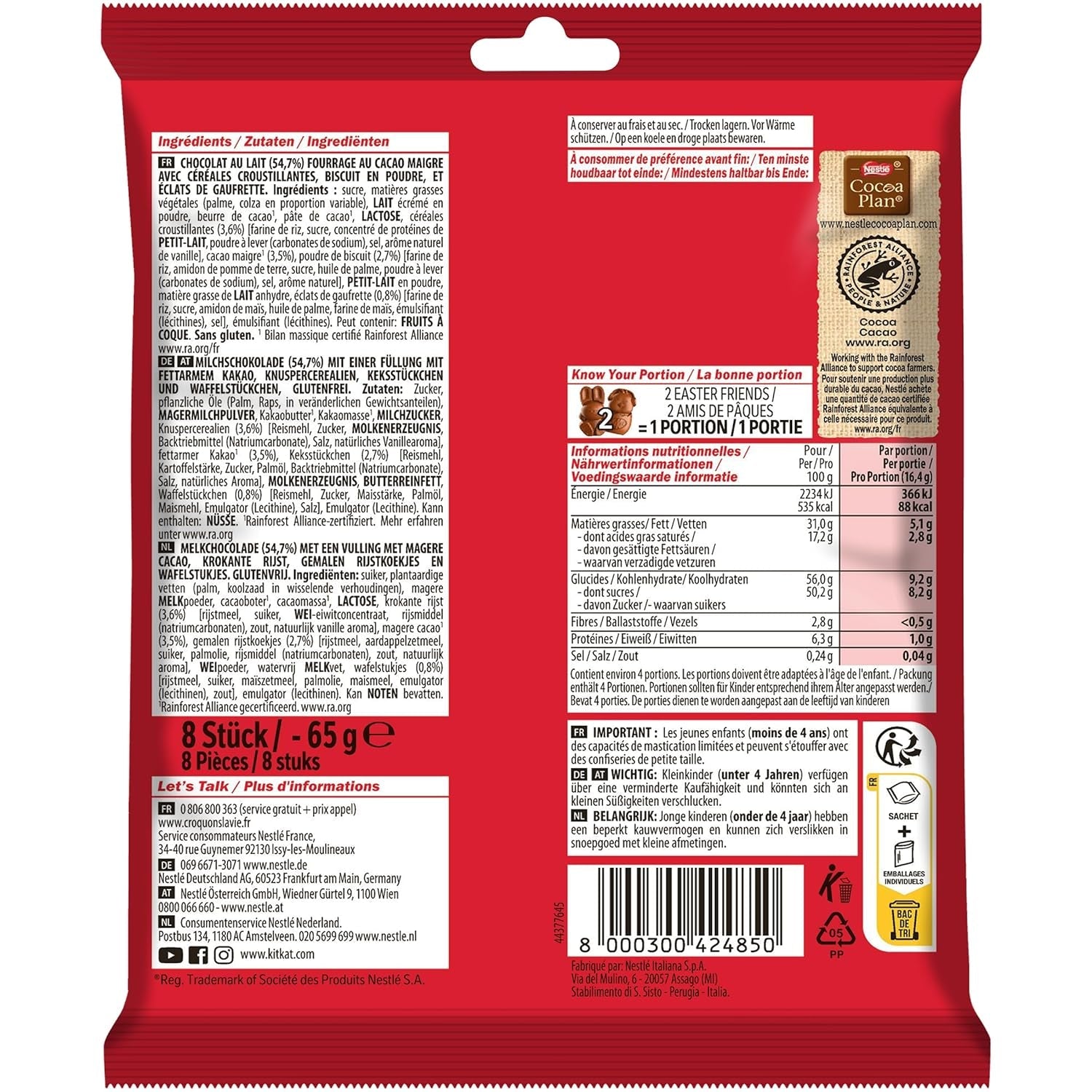 NESTLÉ Easter Friends Mini figurines de Pâques en chocolat au lait avec morceaux croquants, paquet de 2 (1 x 65 g)